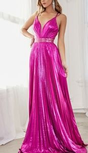 A line pleated metallic formal evening dress with beaded belt. Blue silver red
